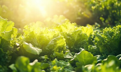 Lush garden filled with leafy greens glowing under soft sunlight, vibrant natural tones, ideal for gardening, organic farming, or healthy lifestyle visuals