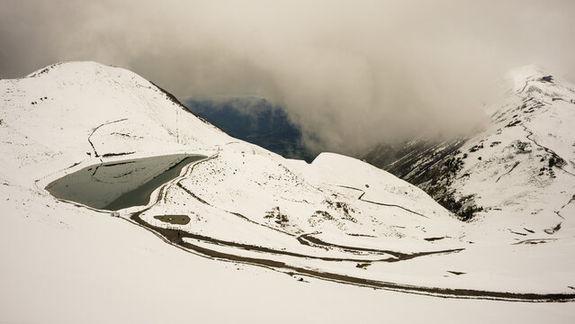 Another onset of winter in May, Riezler Alpsee, an artificially created lake, snow pond, feeds the snow cannons that completely snow the slopes of the Fellhorn and Kanzelwand cable cars, Allg&auml;u Alps, Vorarlberg, Austria
