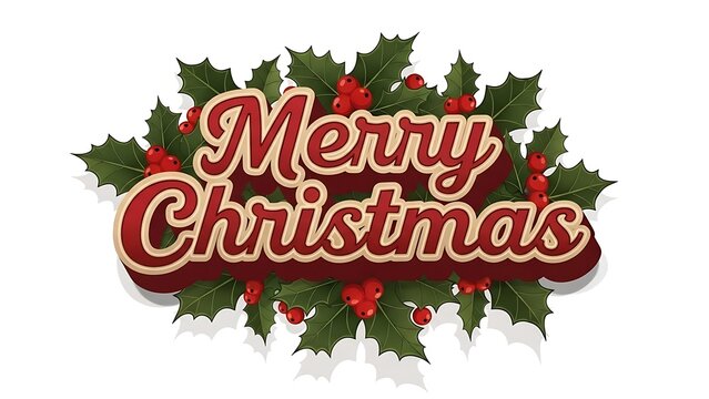 Classic merry christmas greeting text design surrounded by festive holly leaves and bright red berries - Powered by Adobe