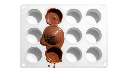 Melted chocolate fills a white silicone mold with circular indentations