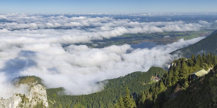 Panorama from Tegelberg, 1881m, of the cloud-covered Forggensee and Bannwaldsee, Ostallg&auml;u, Bavaria, Germany