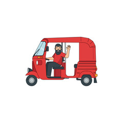 Red auto rickshaw with waving driver inside.