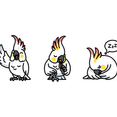 Three cartoon cockatoos with chick and sleeping cockatoo.