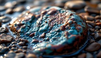 Obraz premium Close up of a wet stone showing its color and texture saturated by the water, soft side light.