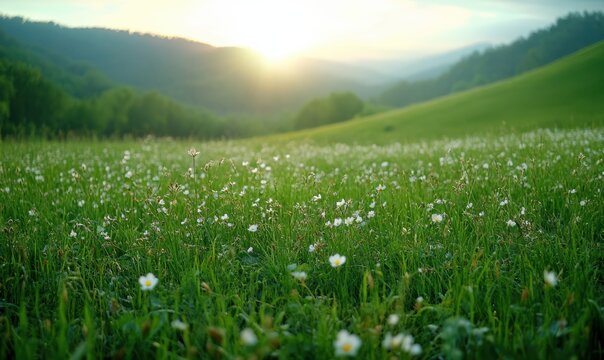 Lush green meadow glowing under soft morning light with wildflowers in bloom, tranquil and natural tones, ideal for eco-tourism, nature, or travel visuals