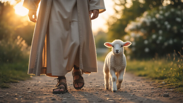 Jesus Christ or shepherd walking with a small lamb on a dirt path at sunset. Biblical religious concept of the Good Shepherd leading his flock. Spiritual Easter background with golden sunlight