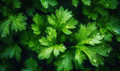 Lush green parsley leaves with intricate details, deep vibrant tones, high-detail macro shot, soft diffused lighting, fresh and organic botanical composition