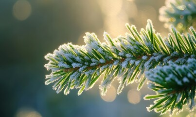 Lush green pine needles covered in morning frost, tiny ice crystals shimmering under the early sunlight, crisp winter macro photography