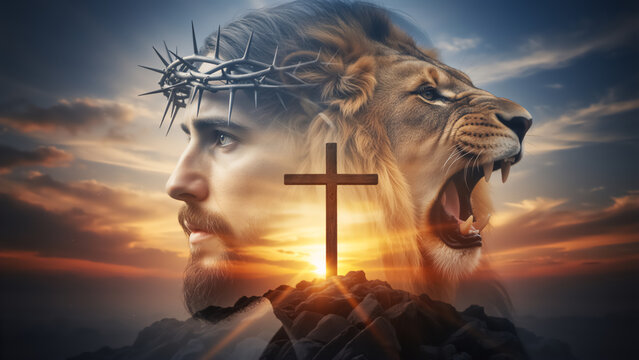 Jesus Christ with crown of thorns and roaring lion double exposure. Wooden cross on hill at sunset. Religious Easter background