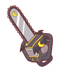 Cute Gothic Black Chainsaw Weapon with Bat Wings and Crescent Moon, Dark Fantasy Game Style, Hand Drawn