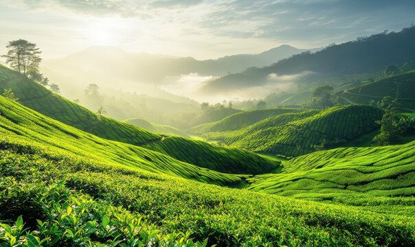 Lush green tea plantation with rolling hills covered in vibrant tea bushes, early morning mist adding depth to the landscape