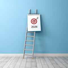 Ladder leaning against the blue wall with calendar number 2026 and target icon.