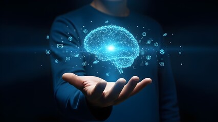 Human hand holding a digital glowing brain with neural network connections