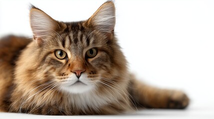 Obraz premium Maine Coon cat resting on soft surface with focused expression and fur details