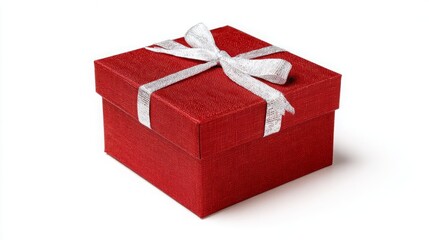A stylish red gift box with a silver ribbon on a white background.