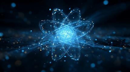 Glowing blue atomic structure with particles on dark background.