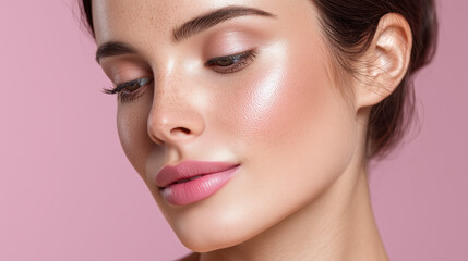Fototapeta premium Beautiful female face with healthy skin texture and natural freckles, soft pink lips, and subtle makeup on smooth complexion against pastel pink background, radiating gentle elegance