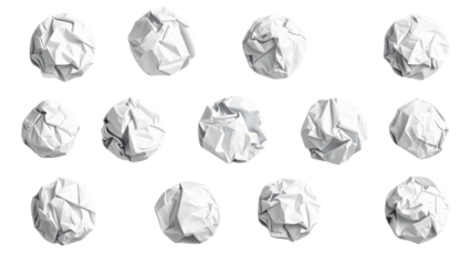 Set of crumpled paper balls from flat lay view isolated on transparent background