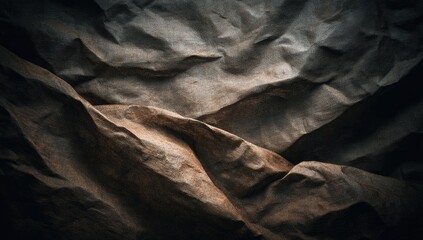 Close-up of crumpled, textured paper with brown and dark gray tones, creating a mountain-like effect