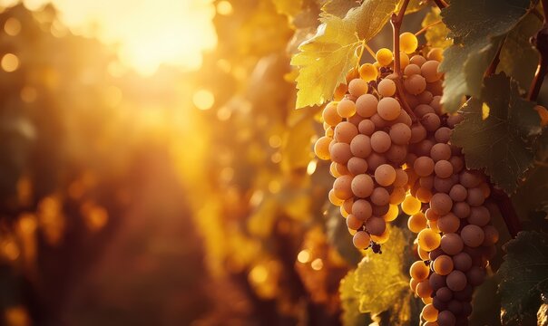 Lush vineyard bathed in golden sunlight, ripe grapes hanging heavily from the vines, soft diffused lighting adding depth - Powered by Adobe