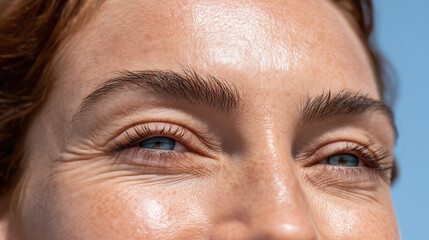 Close up macro of forehead skin absorbing warm sunlight with visible wrinkles and blue eyes, showing natural texture and healthy glow on fair complexion