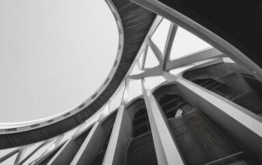 Obraz premium Black and white abstract architectural interior featuring curved wooden structures and pillars