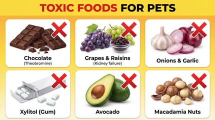 Toxic foods chart for pets. Infographic highlights toxic foods like chocolate, grapes, onions, avocado and nuts, guiding pet owners during pet safety awareness and adoption events for posters flyers