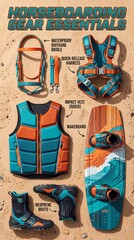 Horseboarding gear essentials on sandy beach. Horseboarding gear layout shows bridle, quick-release harness, impact vest, neoprene boots, wakeboard for summer vacation, beach season, summer sale