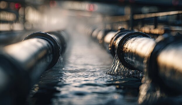Parallel industrial pipes releasing liquid with blurred background details