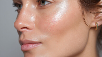 Obraz premium Close up of cheek contour with hydrated highlight showing smooth skin texture and natural makeup glow on young woman with blue eyes and gold earring