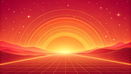 Vibrant Abstract Sunrise Landscape with Glowing Arcs, Red Desert, and Futuristic Grid Horizon