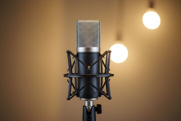 A professional microphone stands on a stand with a pop filter in a recording studio with warm lighting.