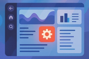 Display of a digital dashboard featuring various data visualizations, settings icon, and text sections designed for user interaction.