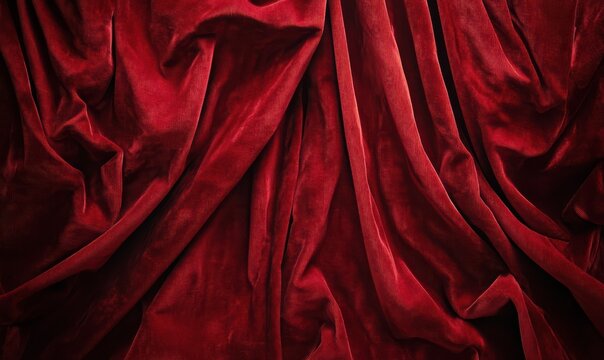 Luxurious deep red velvet curtain with dramatic folds, soft lighting enhancing the rich texture, evoking the grandeur of classic theaters and vintage opera houses