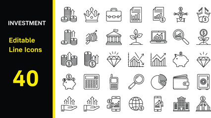 Investment and Financial Growth Editable Line Icon Set for Business SuccessInvestment and Financial Growth Editable Line Icon Set for Business Success