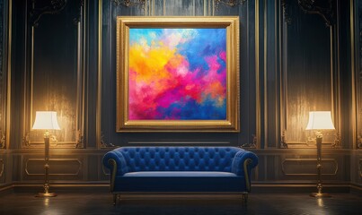 Luxurious golden frame surrounding an abstract painting illuminated by soft gallery lighting, bold and elegant tones, perfect for art or design-themed visuals