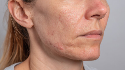Obraz premium Close up of woman cheek showing acne scars and small pores on natural skin with soft gradient background, highlighting skin texture and imperfections