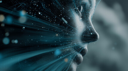 Futuristic AI Human Face with Flowing Digital Data