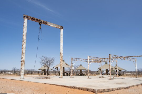Office for former killing of elephants to combat overpopulations, Olifantsrus Camp, Waterhole, Etosha National Park, Namibia