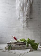An ironic still life with radishes on a light background
