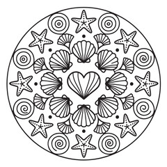Oceanic mandala with a heart, seashells, and starfish for creative coloring fun