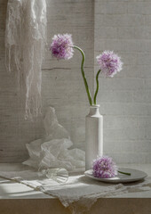 Still life with flowering onions in a white vase on a light background
