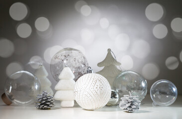 Christmas card with Christmas decorations and transparent balls. With space for text