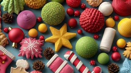 A festive assortment of colorful Christmas ornaments and decorations on a blue background.