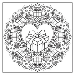A delightful gift-themed mandala coloring page featuring a prominent heart and presents