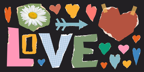 Vintage collage with hearts, foto flower, arrows, letters cut from old paper. Paper elements with torn edges for scrapbooking, greeting card, cover, for Valentine's Day, birthday. Vector. 