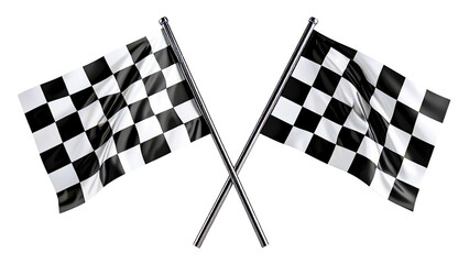 Crossed checkered racing flags for motorsport finish line, speed and competition isolated on transparent background