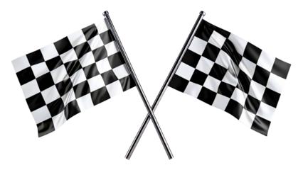 Crossed checkered racing flags for motorsport finish line, speed and competition isolated on transparent background