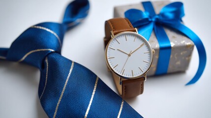 Elegant wristwatch on brown leather next to a blue tie and gift box, symbolizing timeless style and celebration.