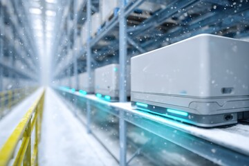Automated robots move boxes in a cold warehouse during winter season with snowflakes falling in the background